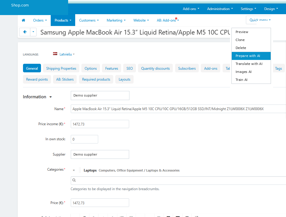 mAIndware AI actions in the CS-Cart product menu