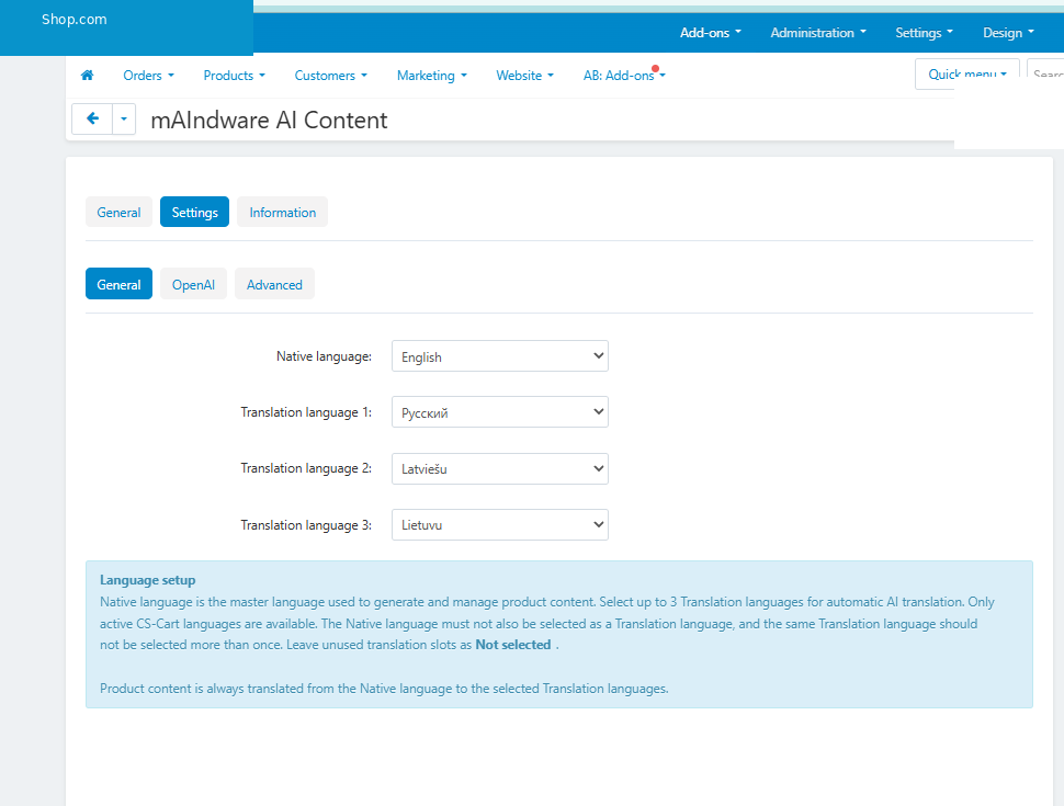 mAIndware AI Content language settings in CS-Cart