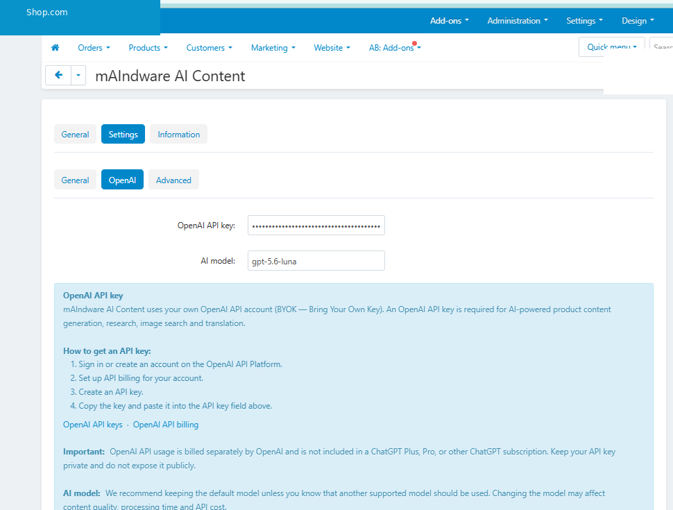 OpenAI API settings for mAIndware AI Content