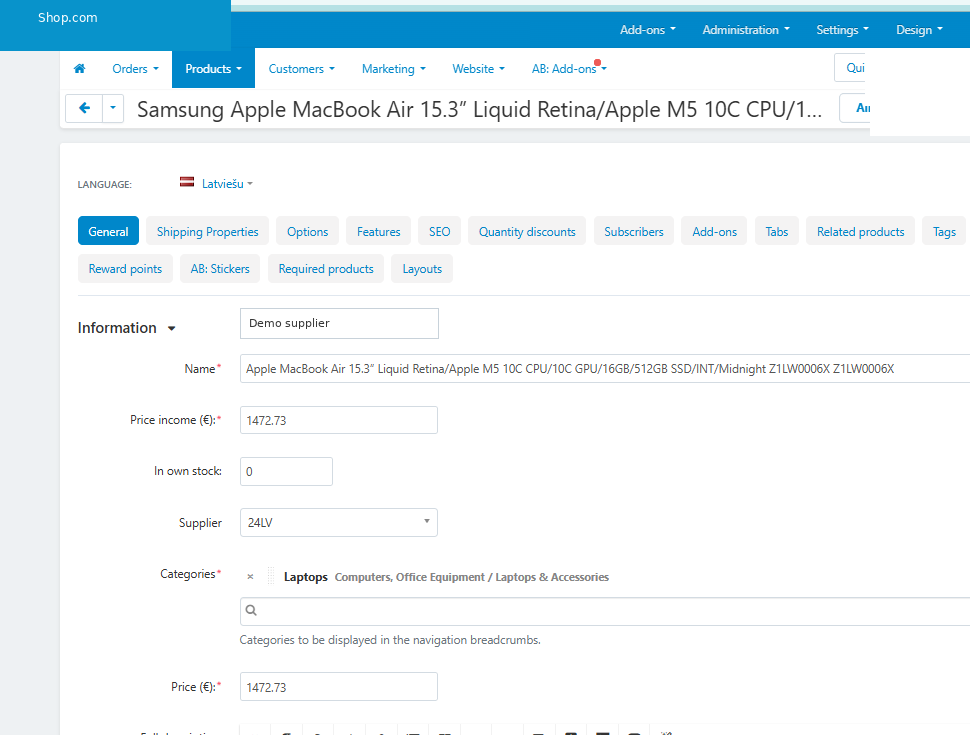 CS-Cart product editing page